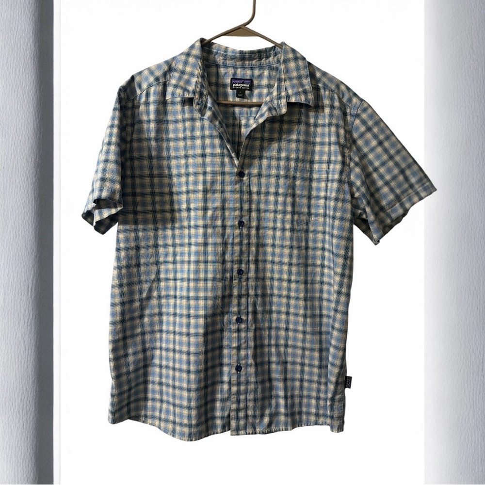 Patagonia Organic Cotton Plaid Short Sleeve Button Up Shirt Mens Large Blue